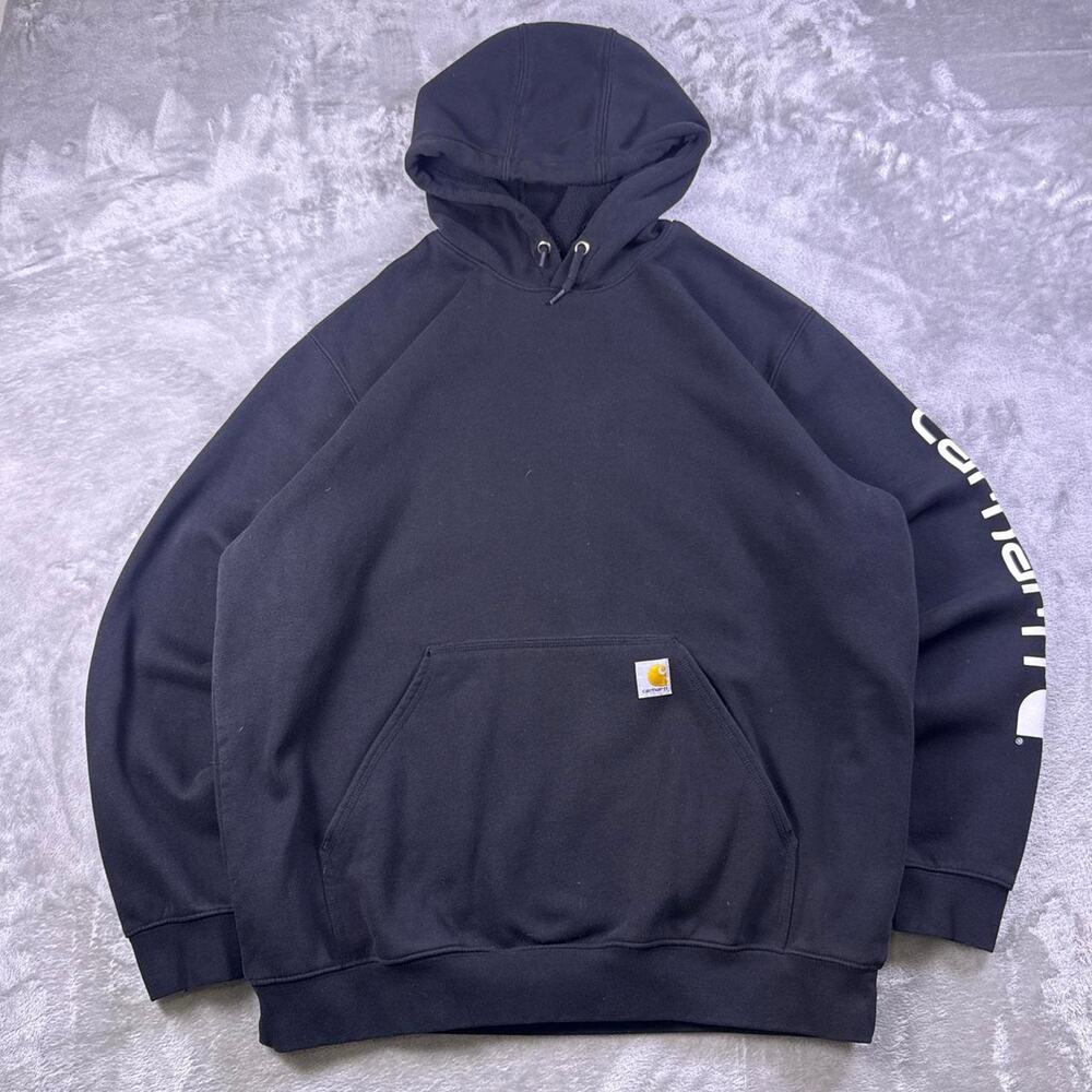 Carhartt Hoodie Mens XL Black Loose Fit Sleeve Logo Pullover Sweatshirt Workwear
